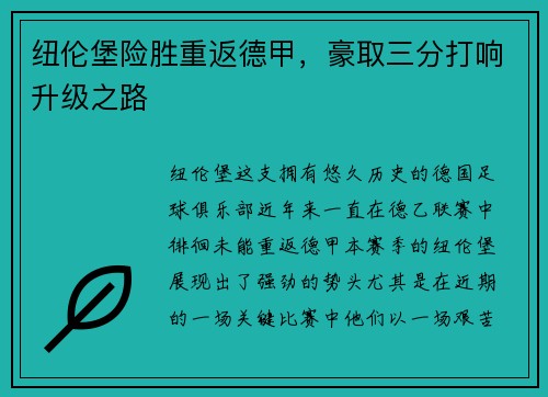 纽伦堡险胜重返德甲，豪取三分打响升级之路