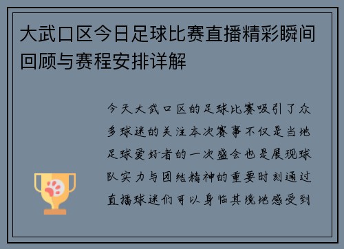 大武口区今日足球比赛直播精彩瞬间回顾与赛程安排详解